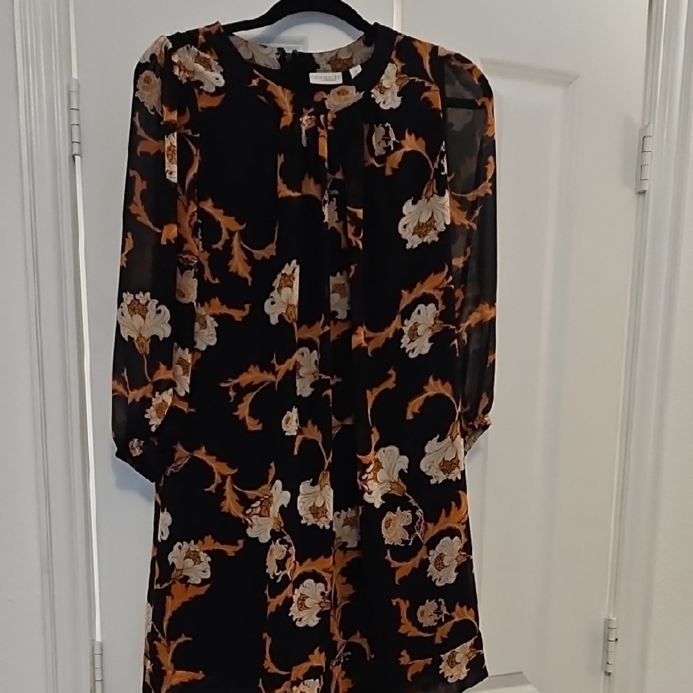 New York & Company Brown and Black Sheath Dress with Bishop Sleeves